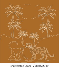 Minimalist line art  monkey and leopard in jungle. Elegant, exotic, nature inspired beige on brown design.