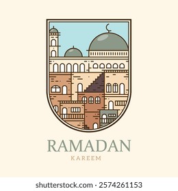 Minimalist line art of a mosque, domes, and urban cityscape with soft pastel tones. Ideal for Ramadan and Eid al-Fitr greeting cards, posters, or digital projects.