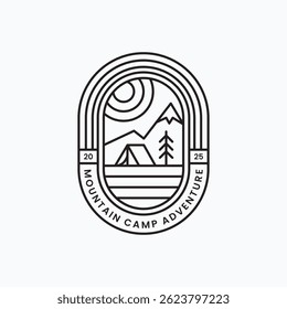 Minimalist line art mountain camp adventure logo vector illustration design. Simple outdoor, travel, and adventure logo concept.