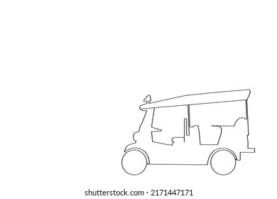 minimalist, line art or One Line Drawing of three wheeler vector illustration. Art work of a tuk-tuk electric car used for transportation mostly 