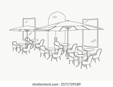 Minimalist line art of an outdoor cafe. Features tables, chairs, and umbrellas. Simple, elegant design captures a serene cafe atmosphere. Simple black line art doodle vector.