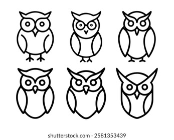 Minimalist line art owl icons in various styles. perfect for logos or icons. Vector icon design. Simple black line art owls.