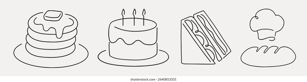Minimalist line art of pancakes, cake, sandwich, bread, and chef hat. Simple line art of food items. Elegant line art of culinary icons. Line art vector set.