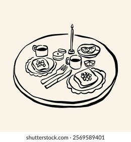 A minimalist line art of pancakes and candles, creating a warm and cozy breakfast setting for aesthetic designs.