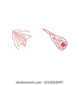 Minimalist line art of a paper plane and a meteor in red tones, showcasing motion and contrasting themes of simplicity and impact.