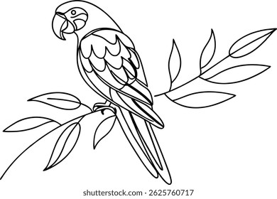 Minimalist Line Art Of A Parrot Perched On A Branch With Leaves Vector