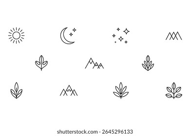 Minimalist line art pattern with nature elements: sun, moon, stars, mountains, and leaves. Black and white design, simple and clean.