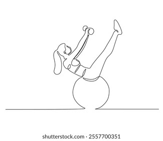 Minimalist line art of a person exercising on a stability ball, lifting dumbbells with legs raised. Showcasing fitness, balance, and strength training.