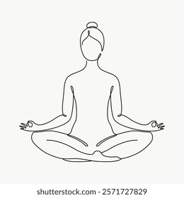 Minimalist line art of a person meditating in a lotus position. Simple, elegant design captures tranquility and focus in meditation practice. Simple black line art doodle vector.