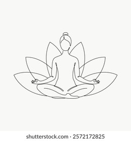 Minimalist line art of a person meditating in lotus pose. Simple, elegant design with lotus petals. Perfect for yoga, meditation themes. Simple black line art doodle vector.