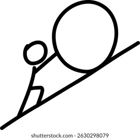 Arte de Linha Minimalista de uma Pessoa Empurrando um Giant Boulder Uphill - Símbolo de Luta e Persistência