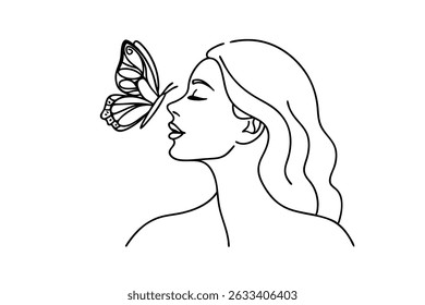 Minimalist line art portrait of a woman with a butterfly on her nose