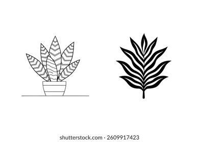 Minimalist Line Art Of Potted Sansevieria And Tropical Leaf Silhouette Isolated