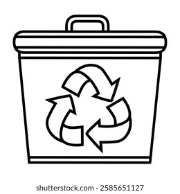 Minimalist line art of a recycling bin with a recycle symbol. A clean and modern design representing waste management, eco-friendly practices, and environmental sustainability