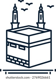 A minimalist line art representation of the Kaaba, a central religious site.
