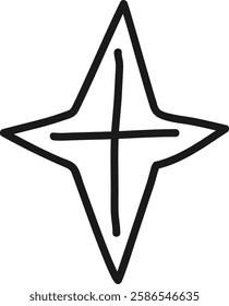 Minimalist line art representing abstract four pointed star intersected by cross, creating simple geometric figure, suitable for various design projects