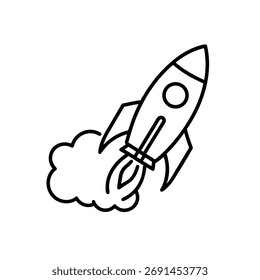 Minimalist Line Art of Rocket Launch with Smoke – Black and White Icon for Innovation, Exploration, and Progress