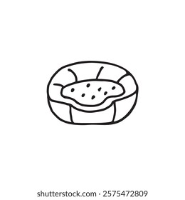 Minimalist line art of a round pet bed with a soft and cozy design. Black outline on a white background.