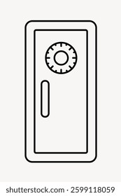 Minimalist line art of a safe with a combination lock. The safe is outlined in black, featuring a circular lock. Simple safe design on a white background. Minimal illustration vector.