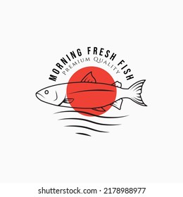 Minimalist line art salmon, sun and ocean wave vintage logo design. Simple seafood restaurant logo concept. Monochrome logo design