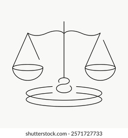 Minimalist line art of scales symbolizing balance and justice. Simple, elegant design with two balanced scales. Perfect for legal themes. Simple black line art doodle vector.