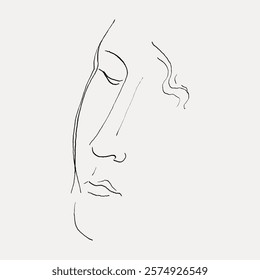 Minimalist line art of a serene face, featuring gentle curves and closed eyes. The simple, elegant design captures tranquility and grace in minimalist art. Vintage illustration isolated, vector.