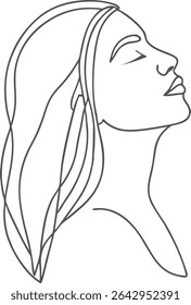 Minimalist line art of a serene woman’s side profile with closed eyes, symbolizing peace and inner strength. Ideal for beauty branding, modern and elegant feminine illustrations.