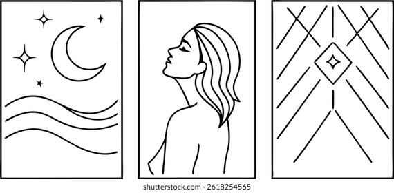 Conjunto de arte de línea minimalista con estrella de luna de mujer y diseño geométrico Abstractas