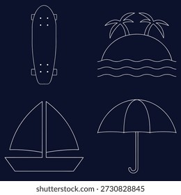 Conjunto de arte minimalista con patineta, isla tropical, velero y paraguas - Ilustración vectorial moderna