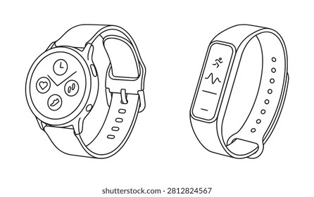 Minimalist line art set of modern wearable technology smartwatch and fitness tracker band