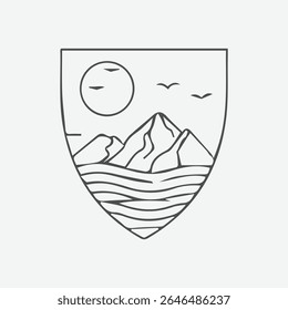 Minimalist line art shield badge featuring mountains sun and birds over water
