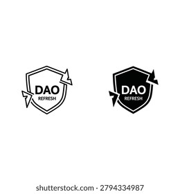 Minimalist line art shield logo design featuring DAO letters for decentralized autonomous organization concepts.