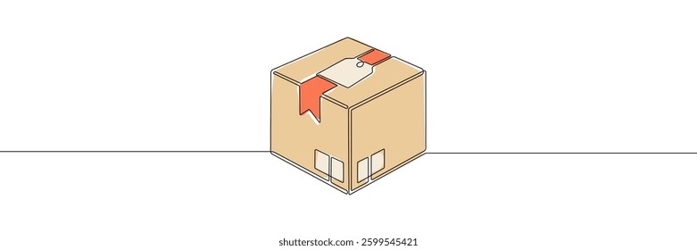 Minimalist Line Art of a Shipping Package. Continuous line drawing of a sealed cardboard box with labels and a tag, symbolizing delivery, and logistics