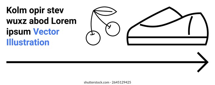 Minimalist line art of a shoe, pair of cherries, and an arrow alongside placeholder text. Key themes Ideal for presentations, branding, modern art, minimalist design, marketing, vector design