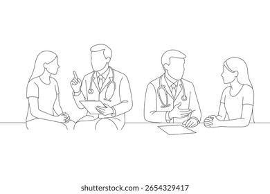 Arte minimalista mostrando dois médicos consultando duas pacientes do sexo feminino. Discussão médica, diagnóstico e tema de saúde profissional.