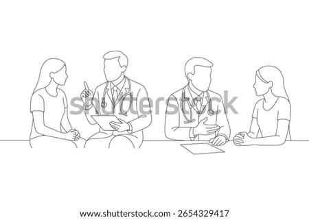 Minimalist line art showing two doctors consulting with two female patients. Medical discussion, diagnosis, and professional healthcare theme.