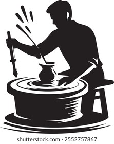 A minimalist line art silhouette vector illustration of a potter at a spinning wheel, capturing the elegance and craftsmanship of traditional pottery-making in a timeless design.