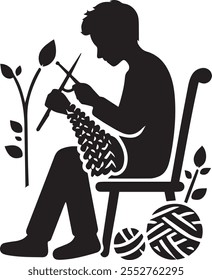 
A minimalist line art silhouette vector illustration design depicting a person knitting with yarn, capturing the elegance and tranquility of this creative craft.