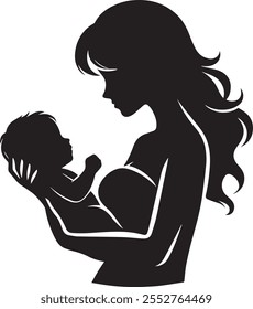 A minimalist line art silhouette vector illustration of a person gently holding a baby, symbolizing love, care, and the bond of parenthood.