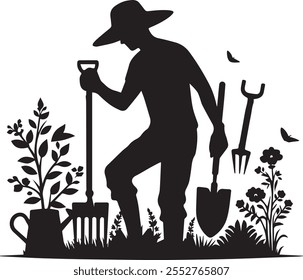 Una Ilustración vectorial de silueta de arte de línea minimalista de una persona que cultiva jardines con herramientas, mostrando la simplicidad elegante y la esencia del cuidado y la sostenibilidad al aire libre.