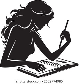 A minimalist line art silhouette vector illustration design depicting an artist sketching on a notebook, capturing the fluid motion of creativity and inspiration.