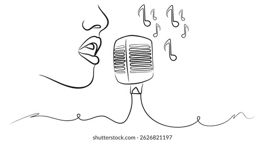 Arte de Linha Minimalista de um Cantor com Microfone e Notas Musicais