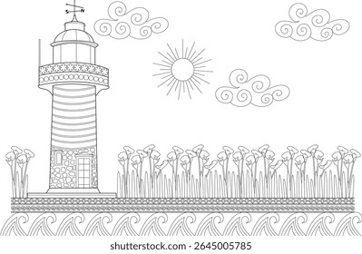 Minimalist line art sketch of a lighthouse on the coast with ocean waves, flowers, clouds, and sun in monochrome.