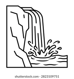 Minimalist line art sketch of a waterfall flowing over a rocky cliff face. Water splashes into a pool. Suitable for coloring books, educational materials, and simple design projects.