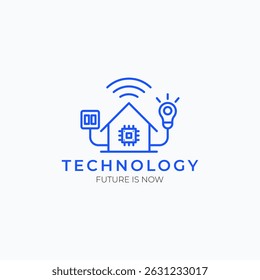Conceito de casa inteligente de arte de linha minimalista com sinais Wi-Fi, placa de circuito, lâmpada e elementos futuristas logotipo vetor ilustração design. Ideal para apresentações técnicas, anúncios e designs da Web.