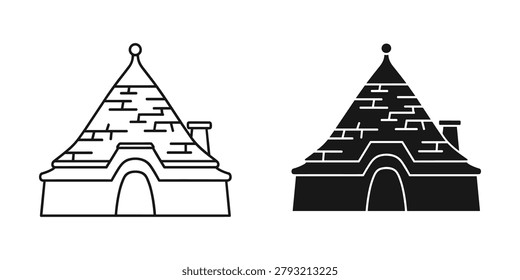 Minimalist line art and solid black icon representing a historic Apulian dwelling. Perfect for travel brochures or cultural heritage promotion.