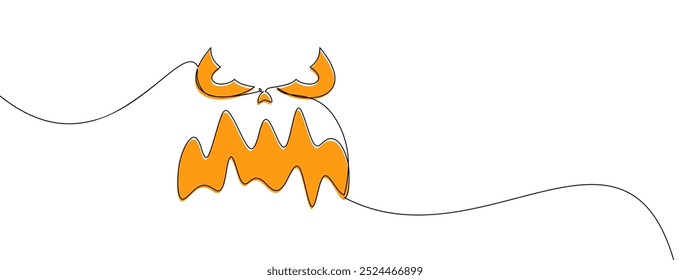 Minimalist line art of a spooky pumpkin face featuring horns and a jagged mouth in orange. Perfect for Halloween-themed designs or abstract, creepy artwork.