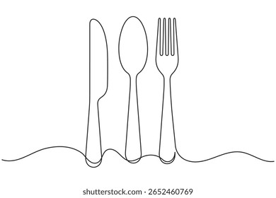 Minimalist line art of spoon fork and knife on white background for kitchen and restaurant design