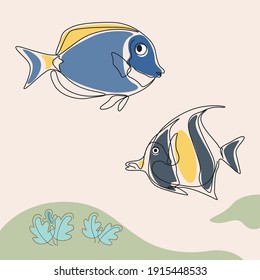 minimalist line art style cute fish illustration and one line art with earth tone. 
editable and suitable for templates as well as illustrations. vector