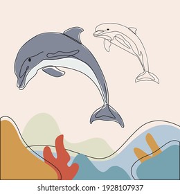 minimalist line art style dolphin illustration and one line art with earth tone. creative for wall decoration, postcard or brochure cover design and cover book .editable and suitable for templates.